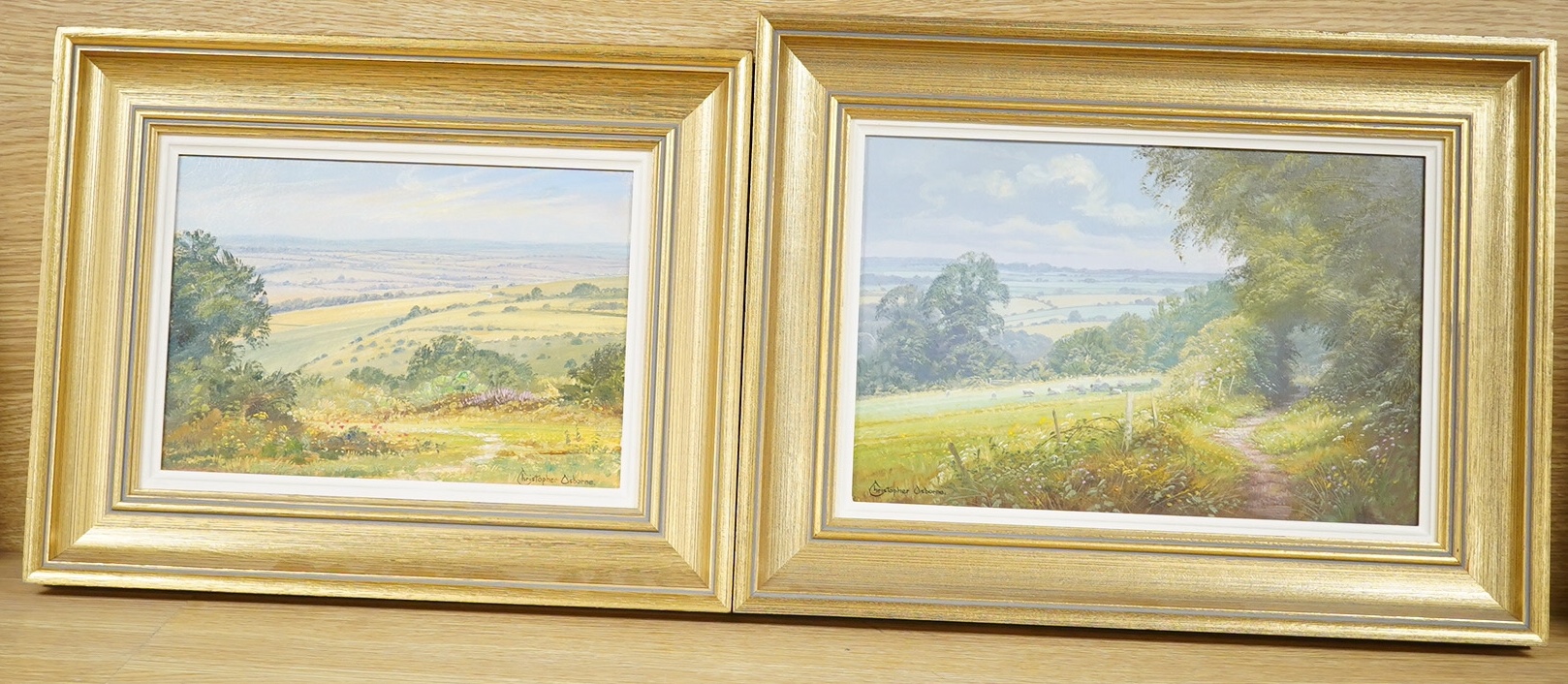 Christopher Osborne (b.1947), two oils on board, ‘On Lullington Heath’ and ‘The Ramblers Path’, each signed and inscribed verso, largest 19 x 29cm, gilt framed. Condition - good